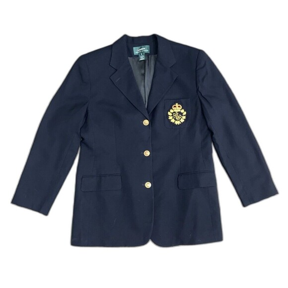 Lauren Ralph Lauren Vtg Blazer Women's 16 Navy Worsted Wool Jacket 3D Gold Crest - Picture 3 of 16